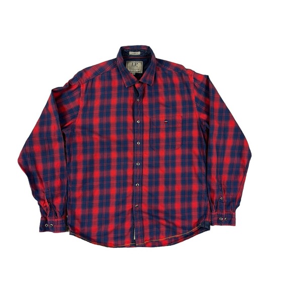 Louis Philippe Tailored Fit Men Red Blue Plaid‎ Long Sleeve Button Up Shirt Sz L - Picture 1 of 6